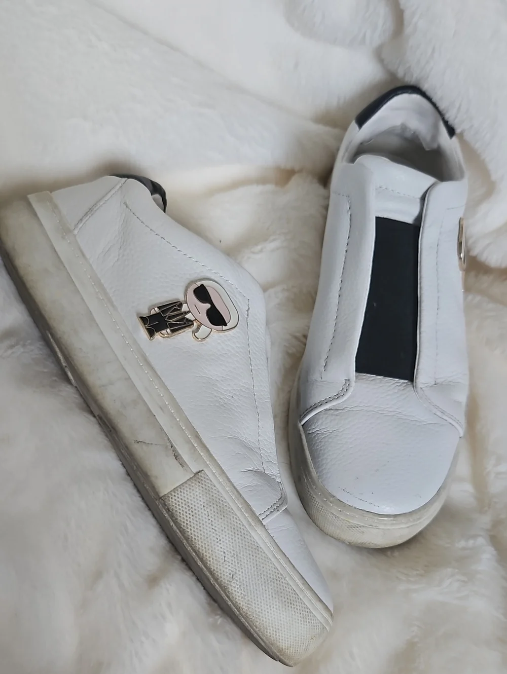 Karl Lagerfeld Paris White Leather Slip-On Sneakers – Karl Pin Accent